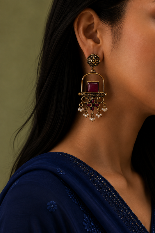 Antique Gold Arch & Pearl Drop Earrings – Ruby Red