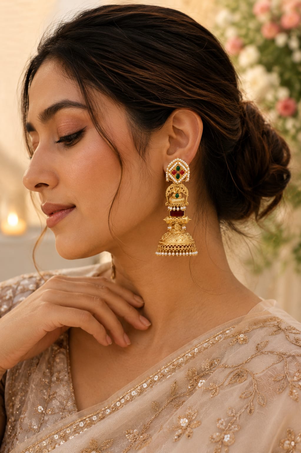 Model in a beige embroidered saree wearing gold-plated temple jhumka earrings with a maroon stone