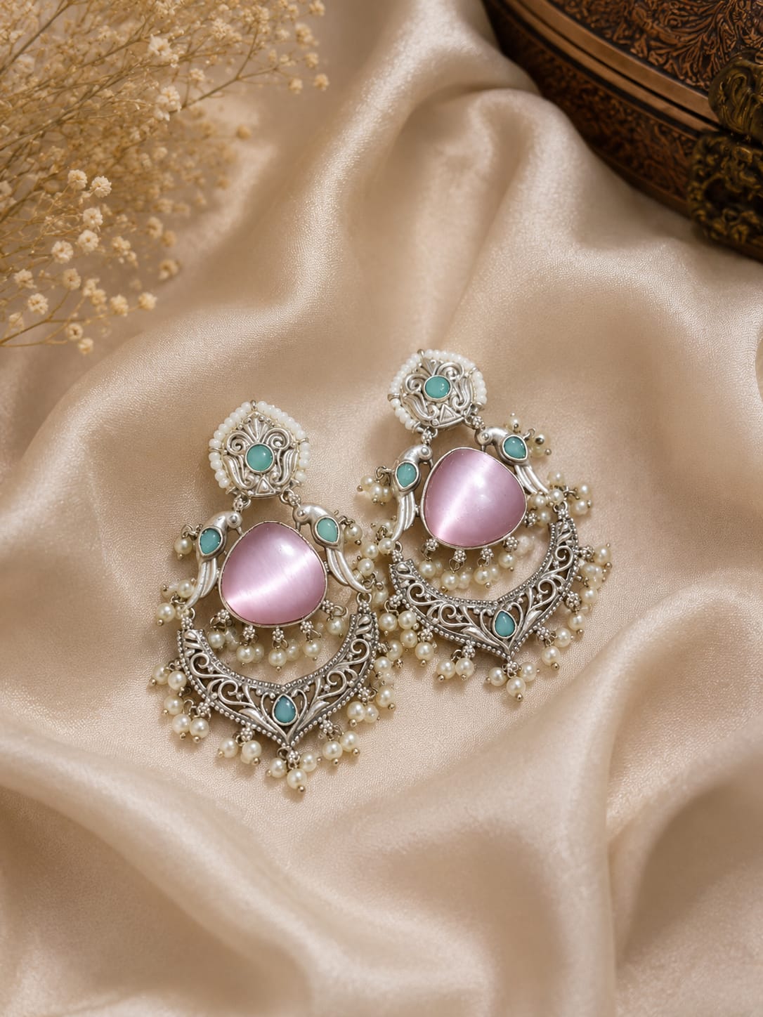 Oxidised silver chandbali earrings with a pink cat's-eye stone - Ghungroo Earrings
