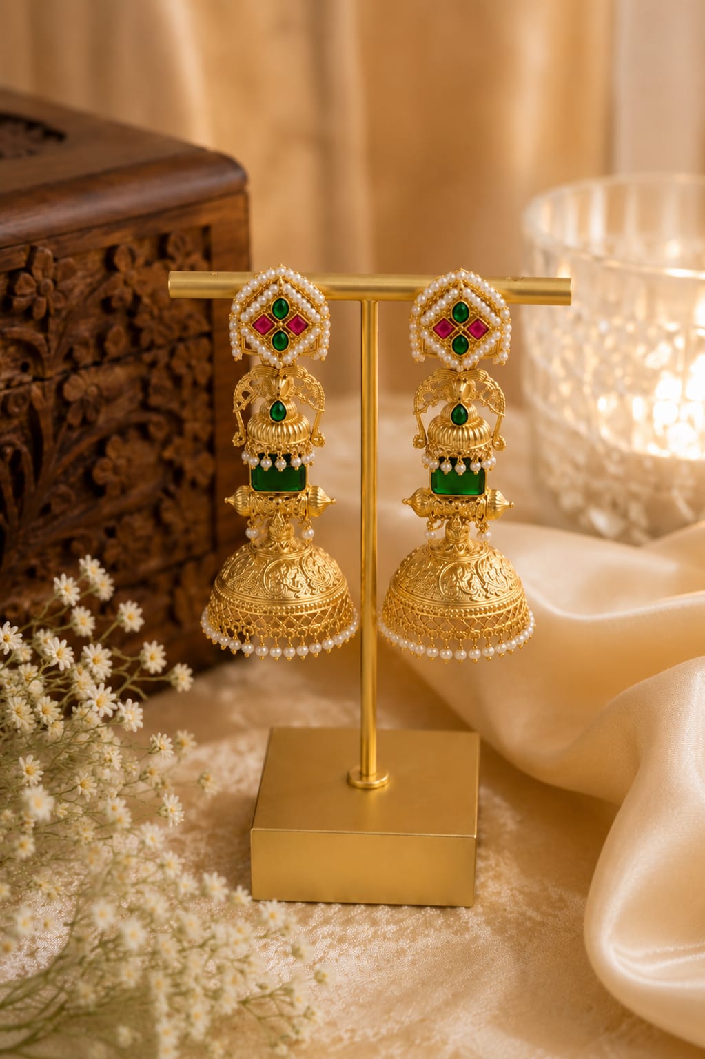 Gold-plated temple jhumka earrings with green kundan stones - Ghungroo Premium