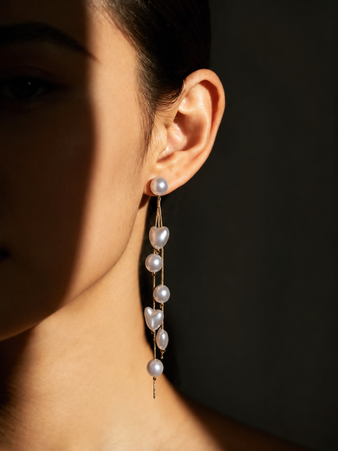Pearl Heart Chain Long Drop Earrings