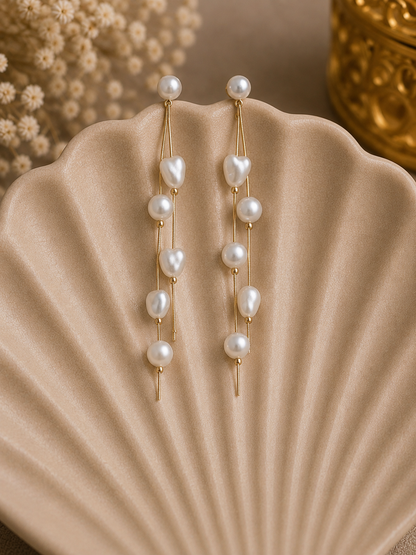 Pearl Heart Chain Long Drop Earrings