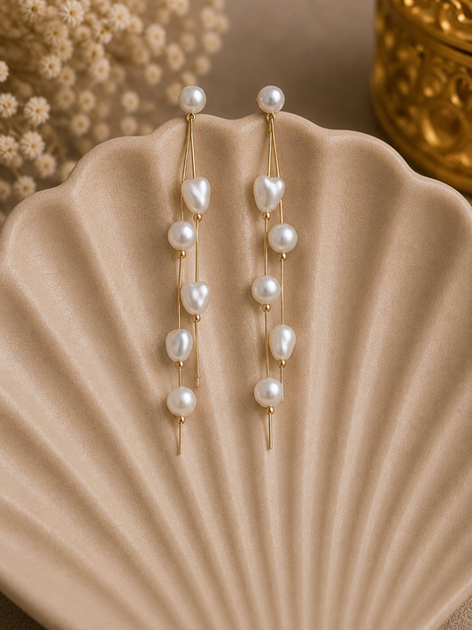 Pearl Heart Chain Long Drop Earrings
