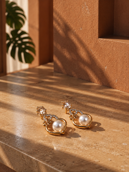 Pearl Heart Crystal Stud Earrings