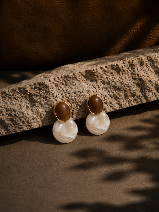 Marbled Resin Drop Earrings – Toffee & Ivory