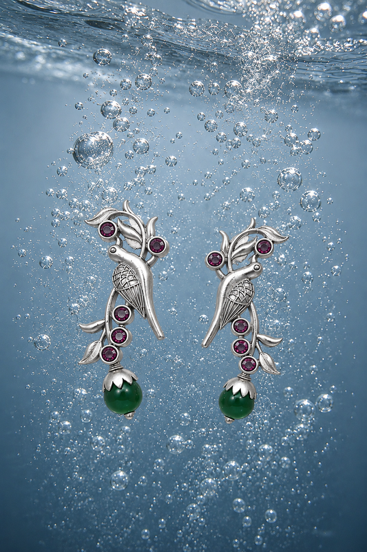 Oxidised Parrot Drop Earrings – Green & Pearl