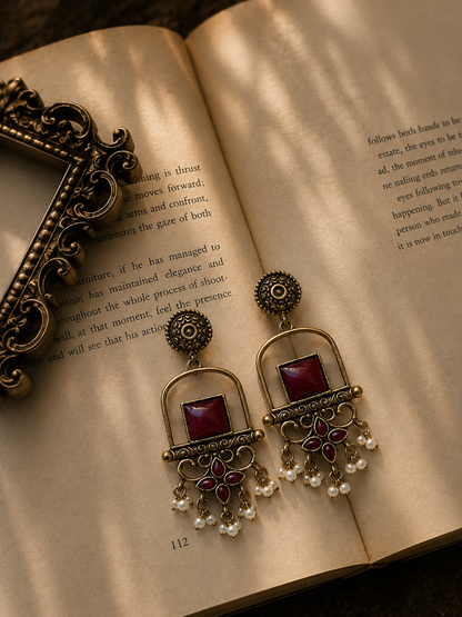 Antique Gold Arch & Pearl Drop Earrings – Ruby Red