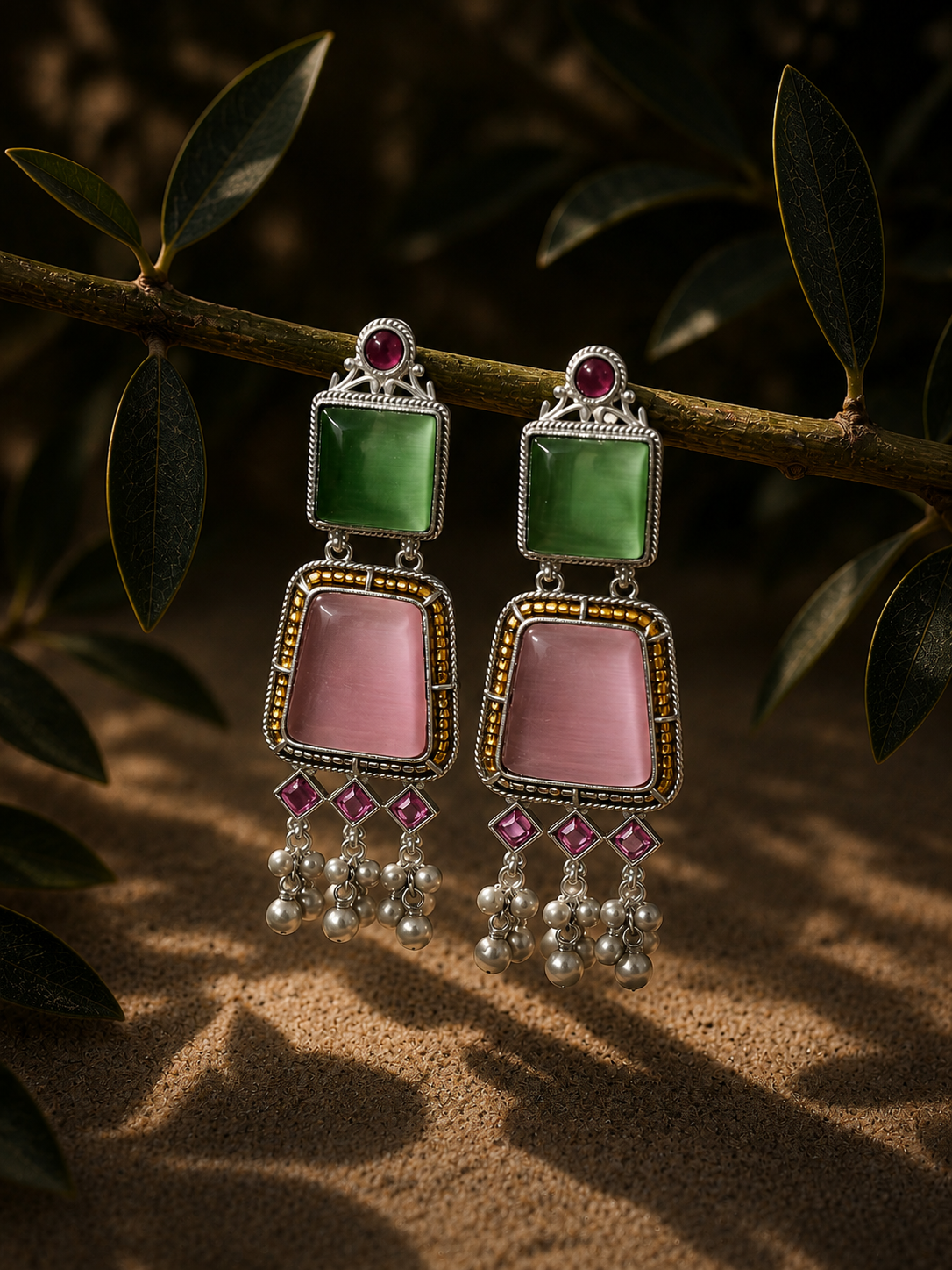 Oxidised Two-Stone Drop Earrings