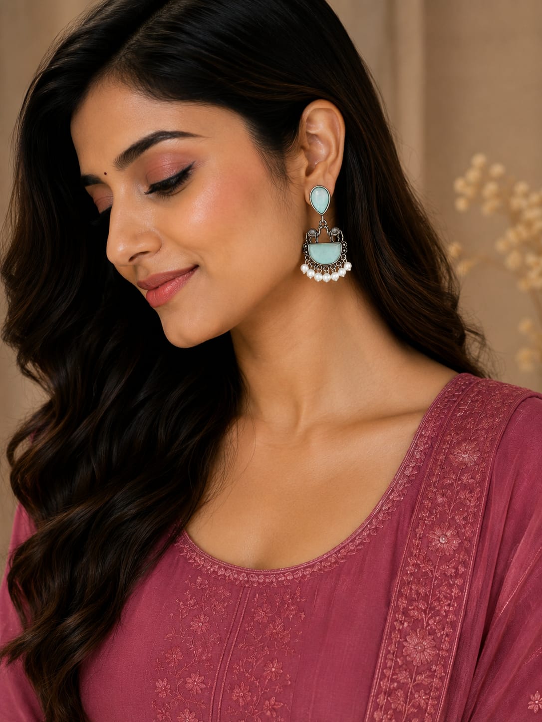 Mint Green Elephant Pearl Drop Earrings