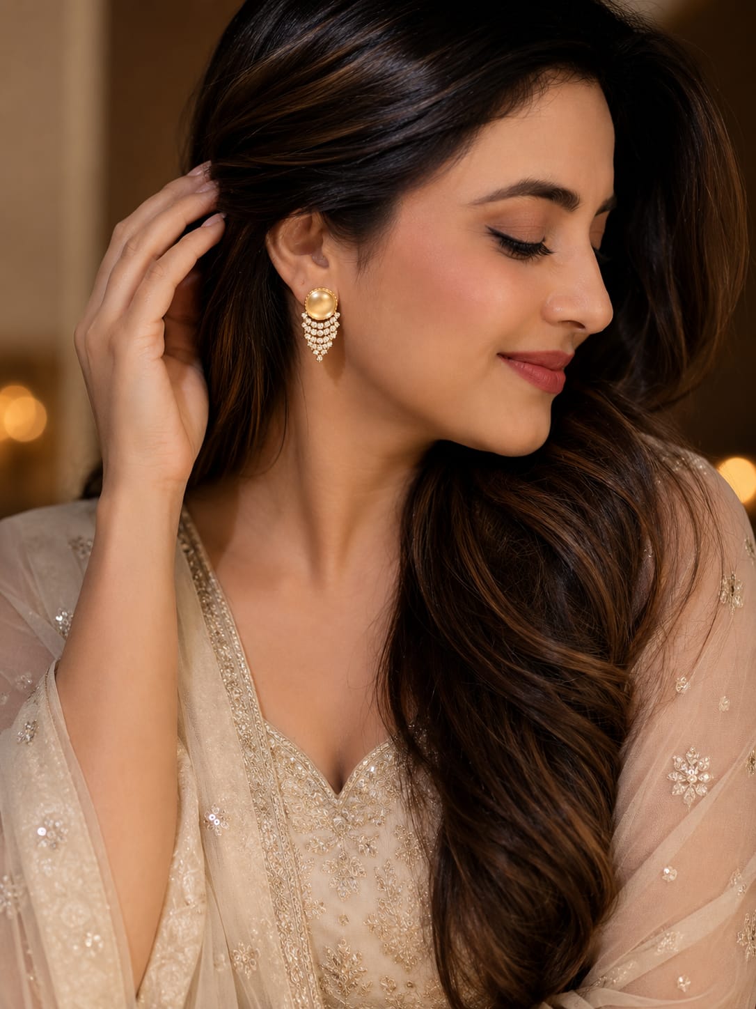 Model in a gold embroidered saree wearing yellow cat's-eye stud earrings with a crystal fringe