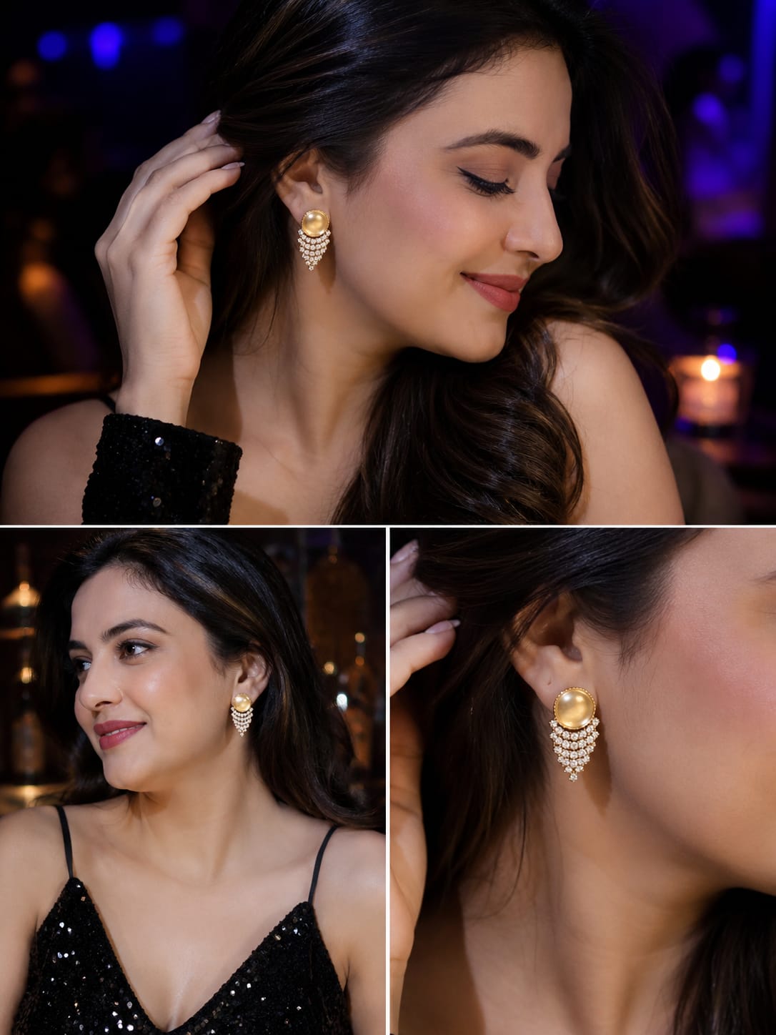 Three views of a model wearing yellow cat's-eye stud earrings with a crystal chevron fringe