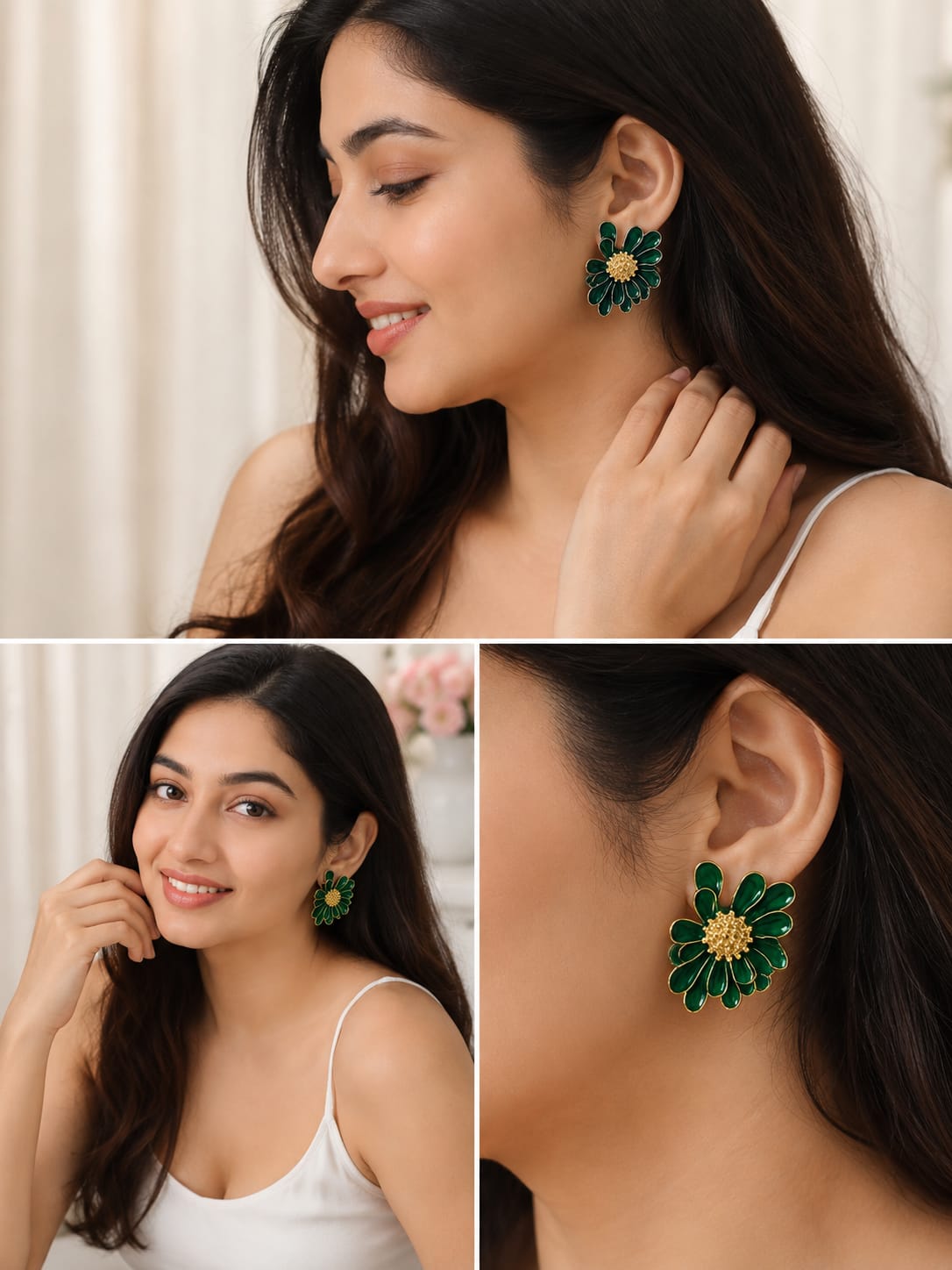 Three views of a model in a white top wearing green enamel floral stud earrings