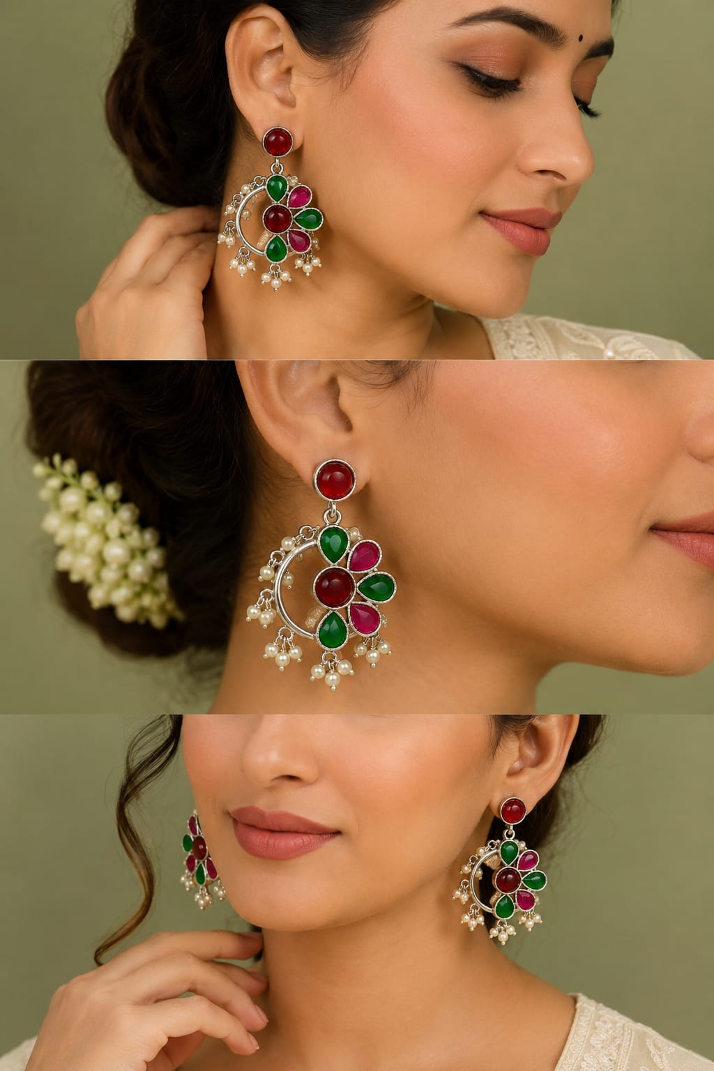 Three views of a model wearing ruby and emerald floral chandbali earrings with pearl drops