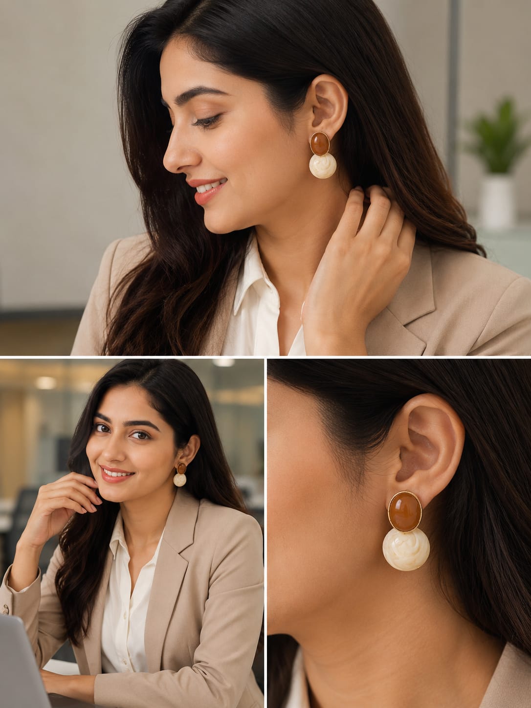 Three views of a model in a beige blazer wearing toffee and ivory marbled resin drop earrings