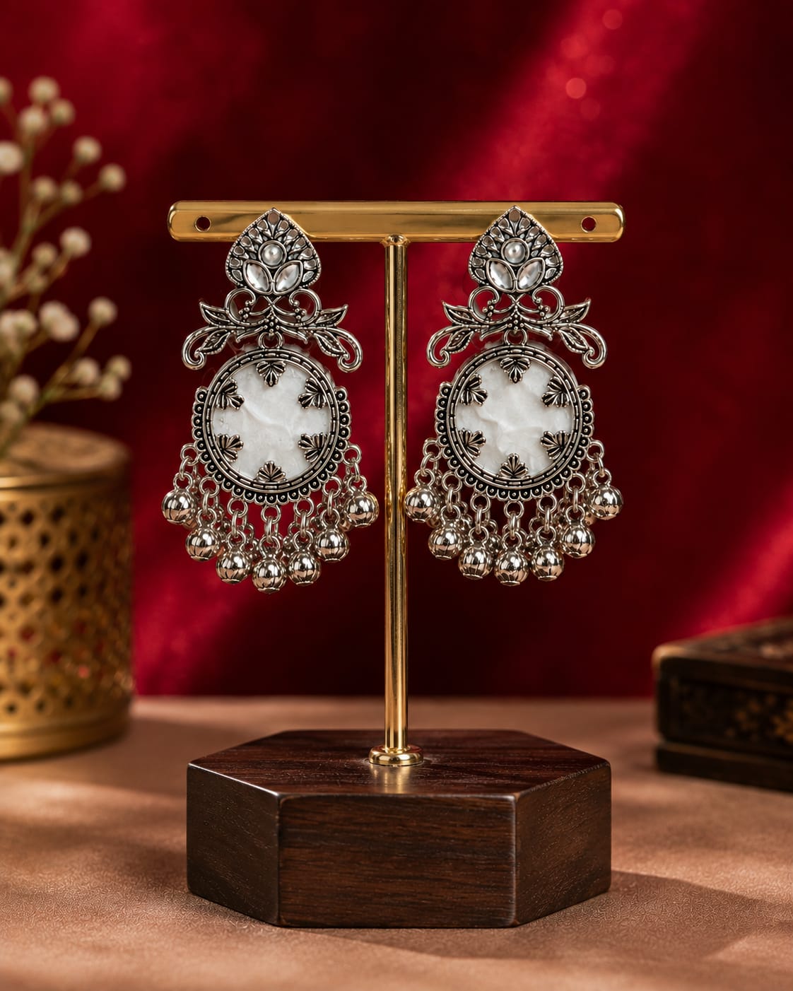 Oxidised silver chandbali earrings with a marbled white stone centre and a fringe of small silver bells on a wooden stand