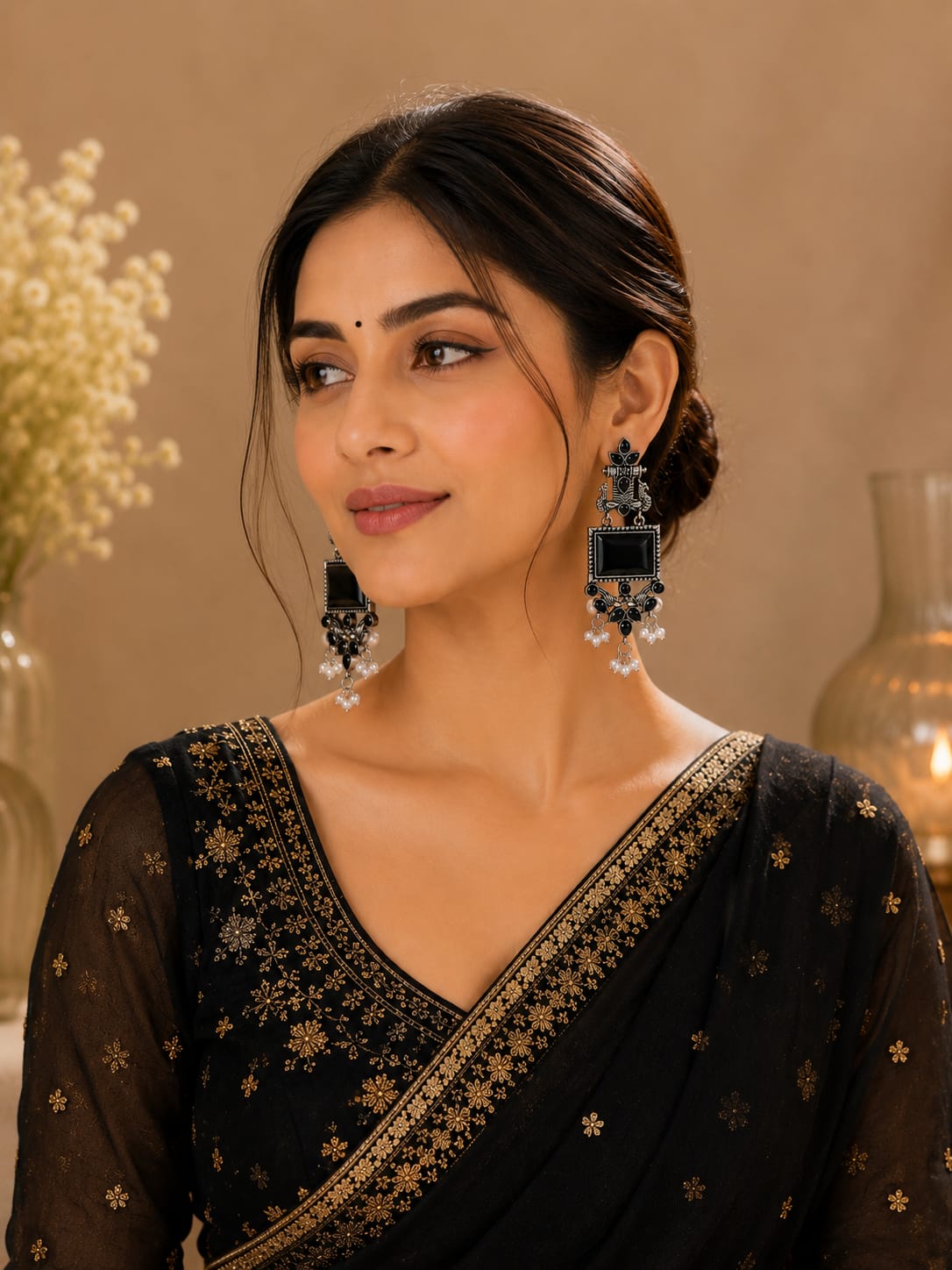 Model in a black saree with gold zari wearing long oxidised peacock earrings with black stones and pearl drops