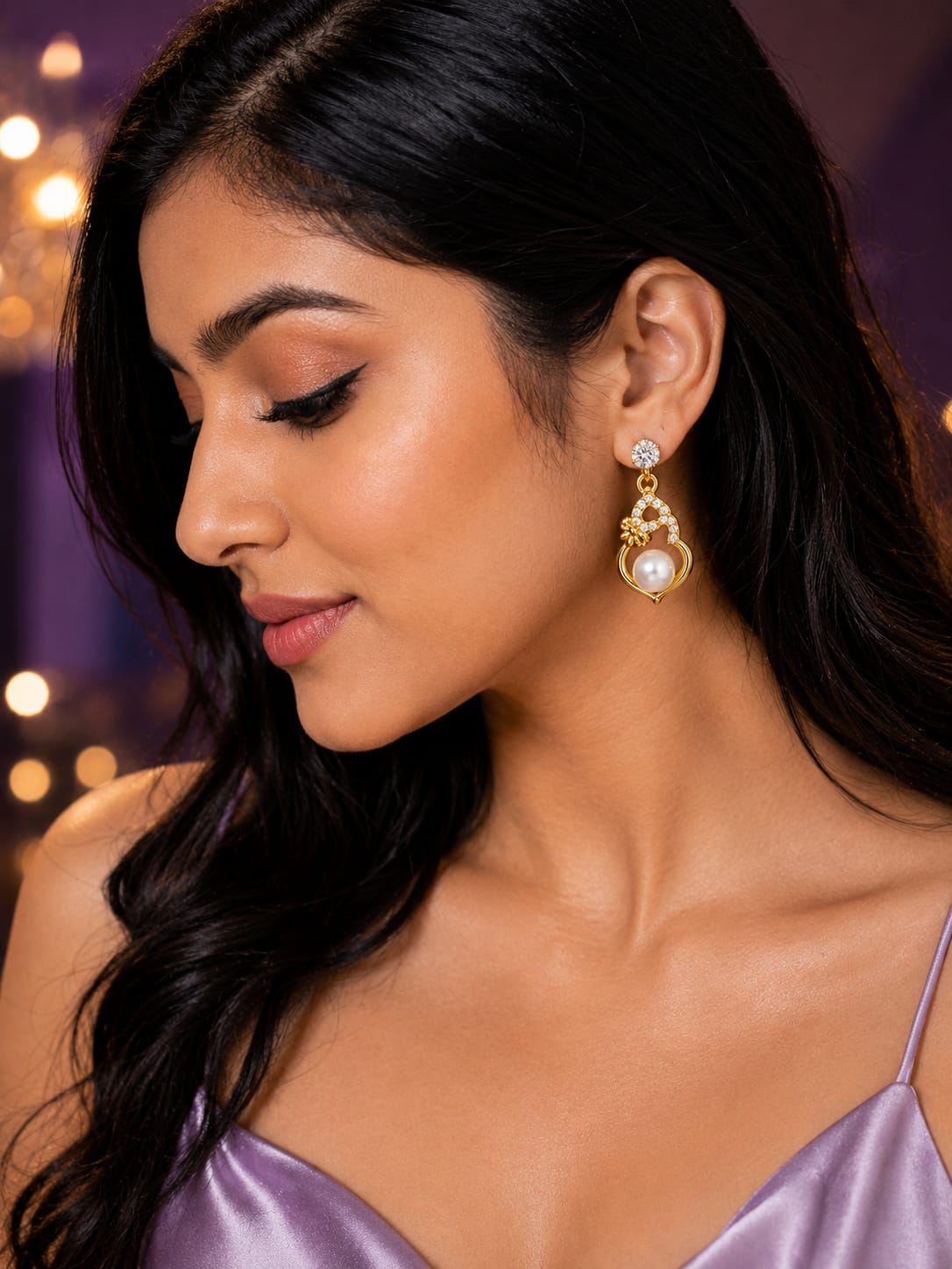 Model in a lilac satin dress wearing gold pearl heart earrings with a crystal solitaire stud top