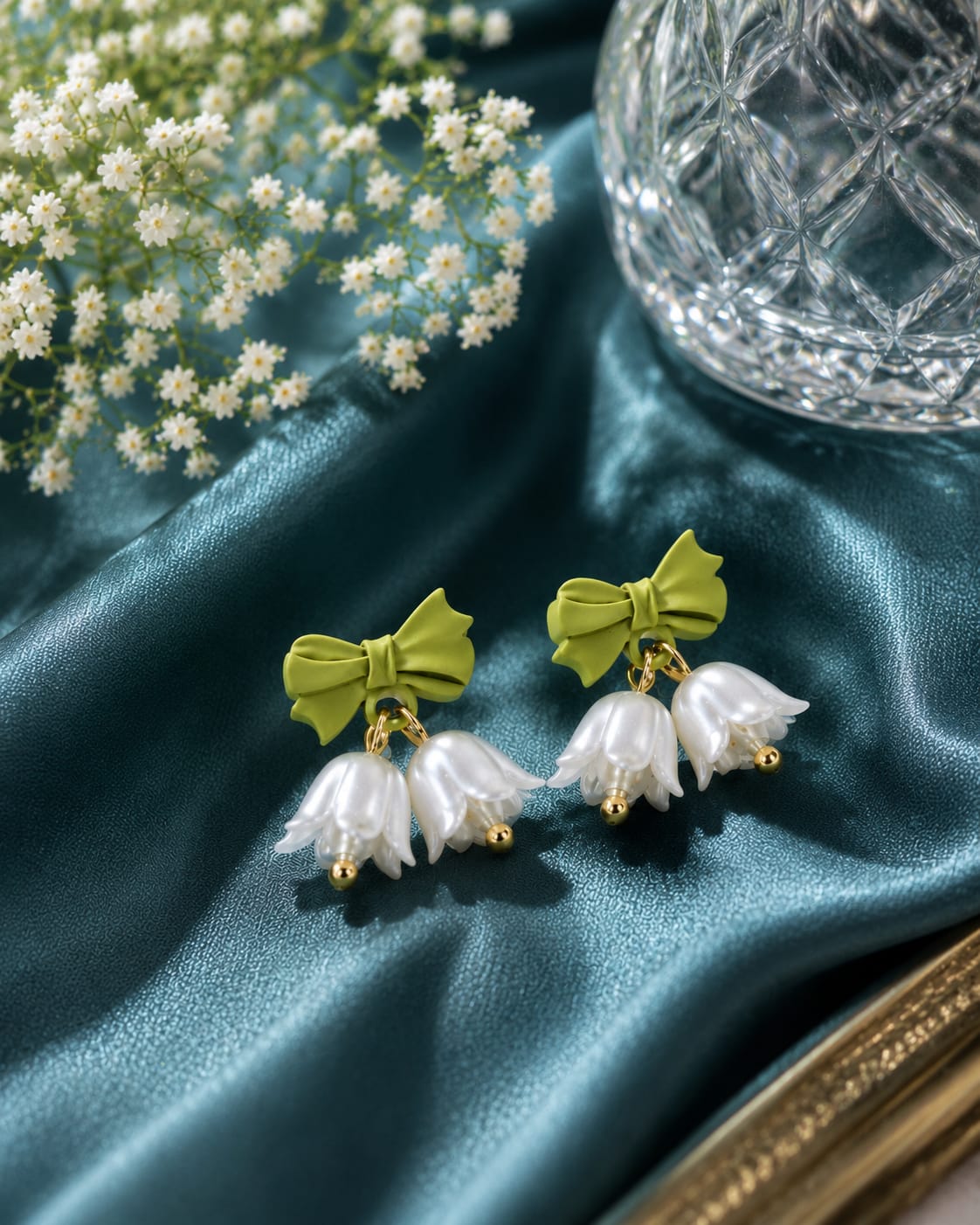 Green bow and pearl lily bell earrings on teal satin beside a cut-glass vase