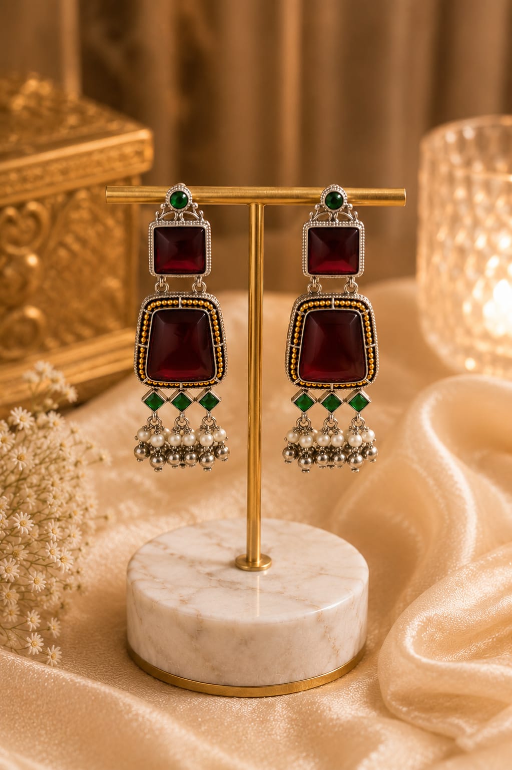 Oxidised silver drop earrings with deep maroon square stones, green accents and a pearl and bead fringe