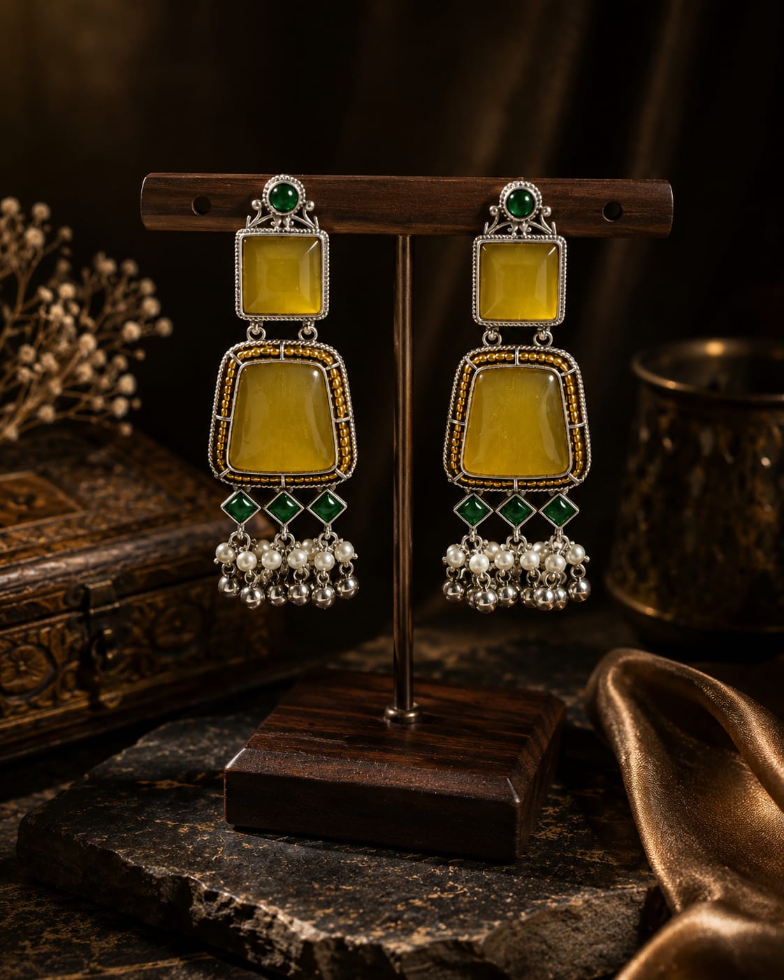 Oxidised silver drop earrings with yellow square stones, green diamond stones and a pearl and bead fringe