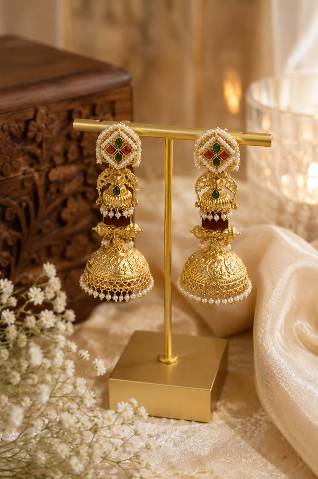 Gold-plated temple jhumka earrings with a deep maroon stone, peacock dome and pearl fringe
